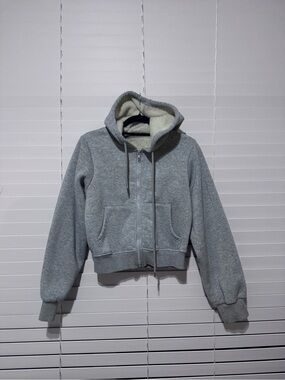Cozy Heather Gray Sherpa-Lined Zip Hoodie Jacket